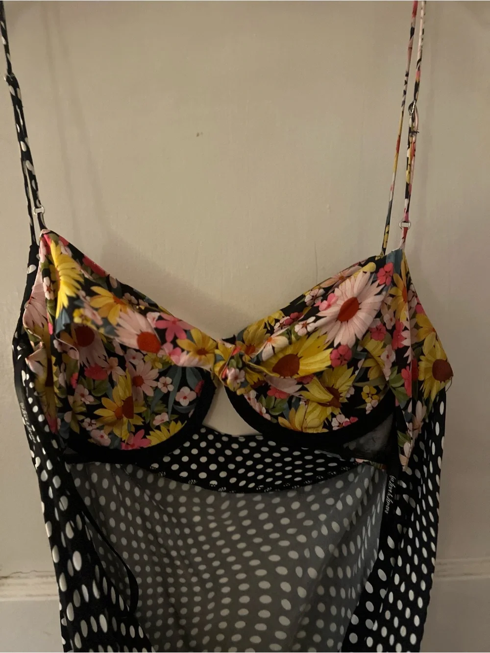 For love and lemons Anya Black Polka Dot Slip Dress with Floral Bust